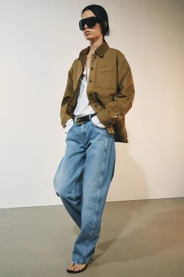 Zara شلوار جین راسته خمیده ZW Collection کمر متوسط