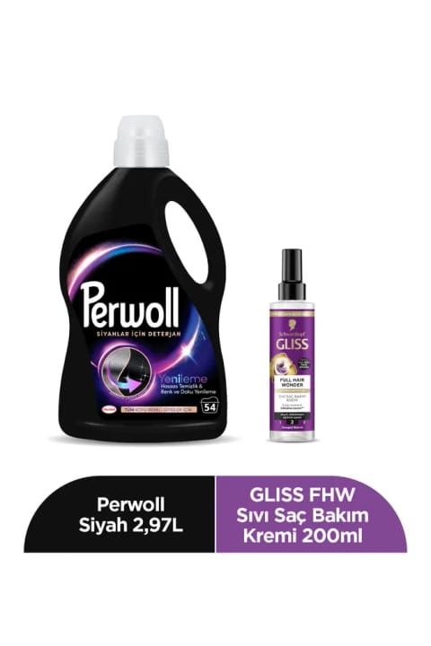 Perwoll مایع لباسشویی مخصوص لباسهای مشکی ۲٫۹۷ لیتر + Gliss Full Hair Wonder ماسک مو ۲۰۰ میلیلیتر