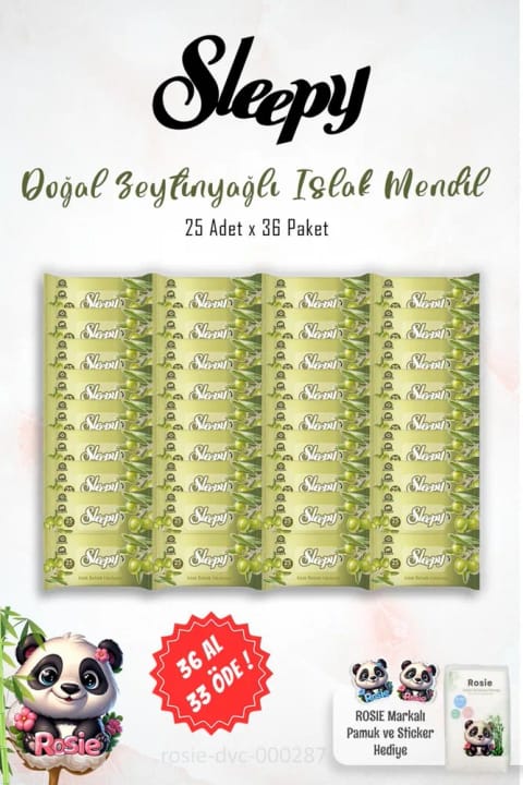 Sleepy 25 عددی دستمال مرطوب با روغن زیتون طبیعی (36 تا بخر 33 تا بده) و ROSIE