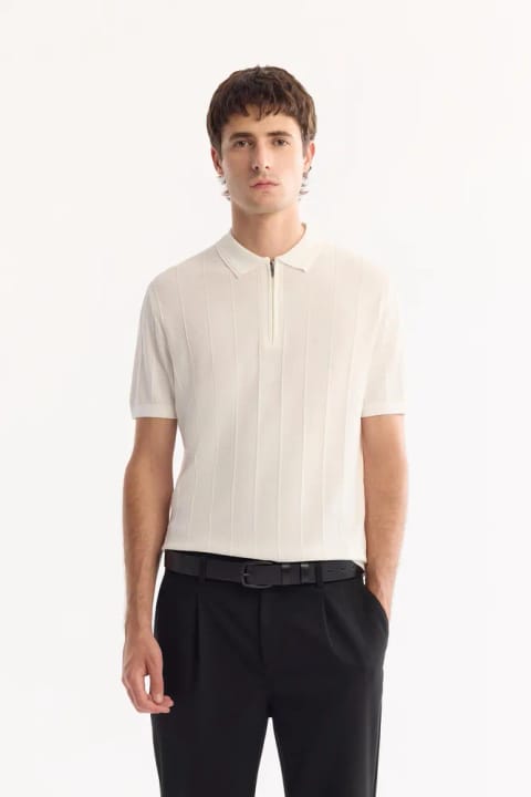 تی‌شرت سه‌راهی یقه Polo با زیپ، راه‌راه، اکرو، از جنس Rayon بدون پرز