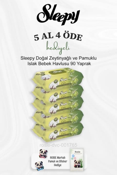 دستمال مرطوب کودک Sleepy با روغن زیتون و الیاف پنبه ۹۰ برگی (بستهٔ ۵ عددی)