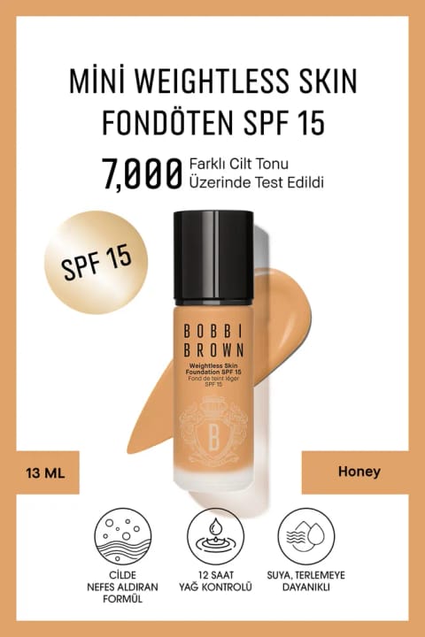 فنداسیون مینی Weightless Skin برند Bobbi Brown با SPF 15 - پایانی طبیعی و مات - shade Hon...