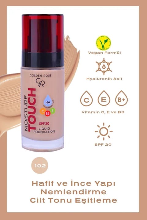 Golden Rose Moisture Touch Foundation No: 102 - مرطوبکننده با Hyaluronic Acid