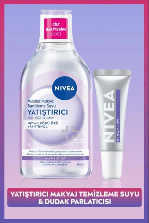 NIVEA تسکین‌دهنده میسلار واتر پاک‌کننده آرایش 400ml و بالم لب گلووی لیپس