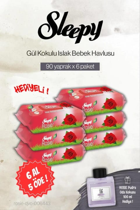 Sleepy 6 Al 5 Öde 90'lı Gül Kokulu Bebek Islak Havlu, Rosie Pudra Oda Kokusu