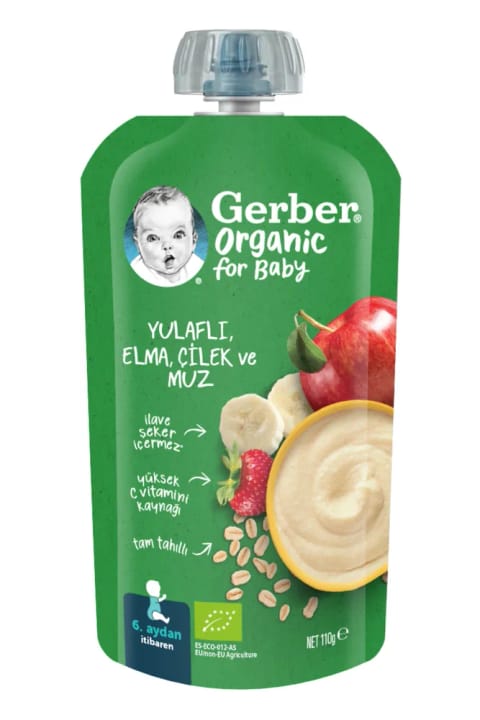 GERBER پوره ارگانیک سیب، توت‌فرنگی و موز با جو دوسر ۱۱۰ گرم