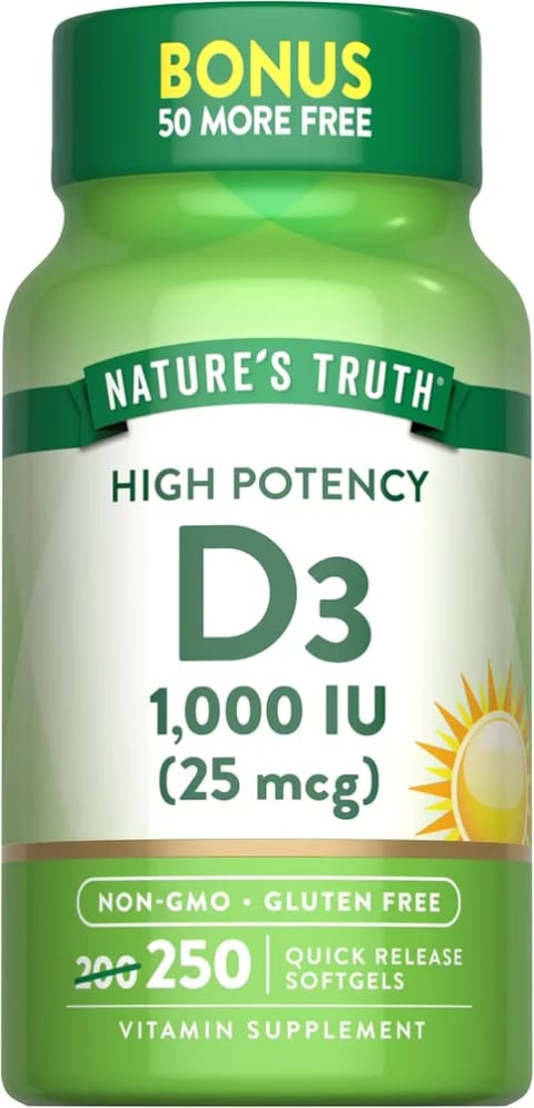 Nature's Truth ویتامین D3 پرقدرت ۲۵ میکروگرم (۱۰۰۰ IU)، ۲۵۰ سافت‌جل سریع‌حل