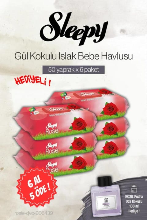 Sleepy 50'li Gül Kokulu Bebek Islak Havlu 6 Al 5 Öde, Rosie Pudra Oda Kokusu