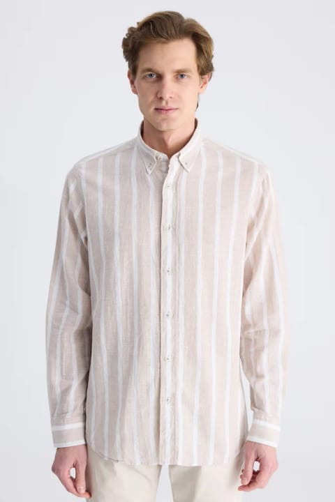 D'S Damat Ds Damat Comfort پیراهن کتان دورگه راهراه بژ