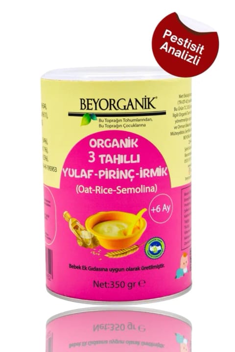 BEYORGANİK غذا کمکی ارگانیک نوزاد با ۳ غلات ارگانیک جو دوسر، برنج و بلغور سمولینا
