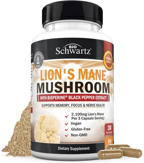 BioSchwartz Organic Lions Mane Mushrooms with BioPerine Nootropic Brain Memory Focus 90 Caps