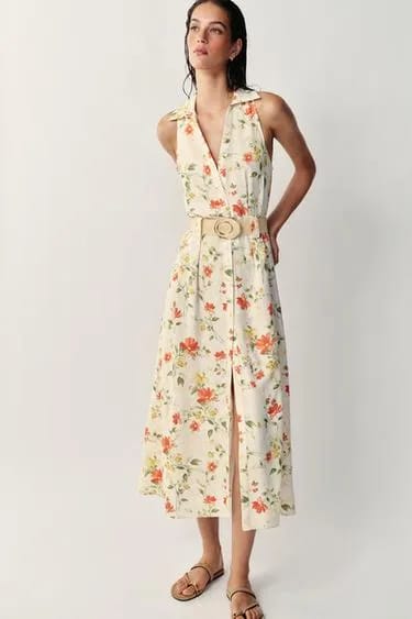 FLORAL PRINT BELTED MIDI DRESS
