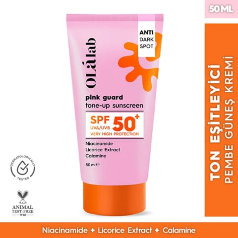 Olalab روشنکننده یکدستکننده SPF 50+ محافظت بالا در برابر UV ضدآفتاب رنگی صورتی ۵۰ میلیلیتر