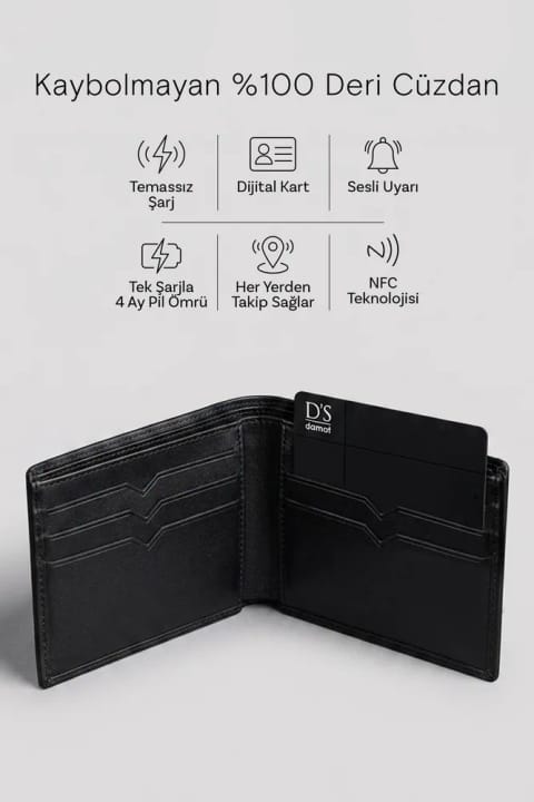 D'S Damat کیف پول چرم اصل هوشمند با جعبه مشکی و قابلیت ردیابی ضدگمشدن