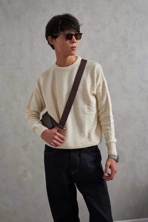 پلیور یقه گرد بافت برگردان طرح‌دار مردانه کرم
