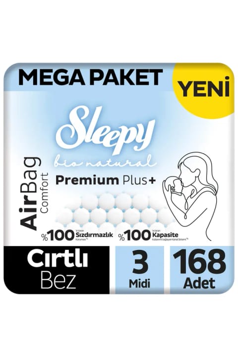 Sleepy Bio Natural Premium Plus Airbag Comfort بسته بزرگ پوشک بچه سایز ۴ — 3 Midi 168