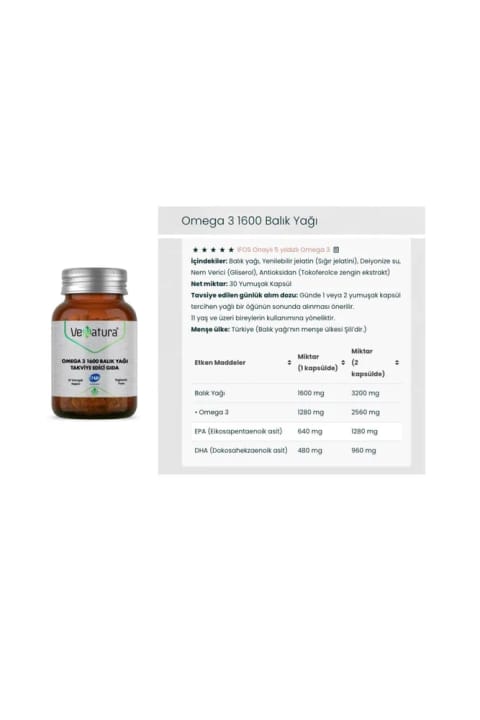 VeNatura 1600 میلی‌گرم روغن ماهی، امگا 3، EPA، DHA 30 کپسول