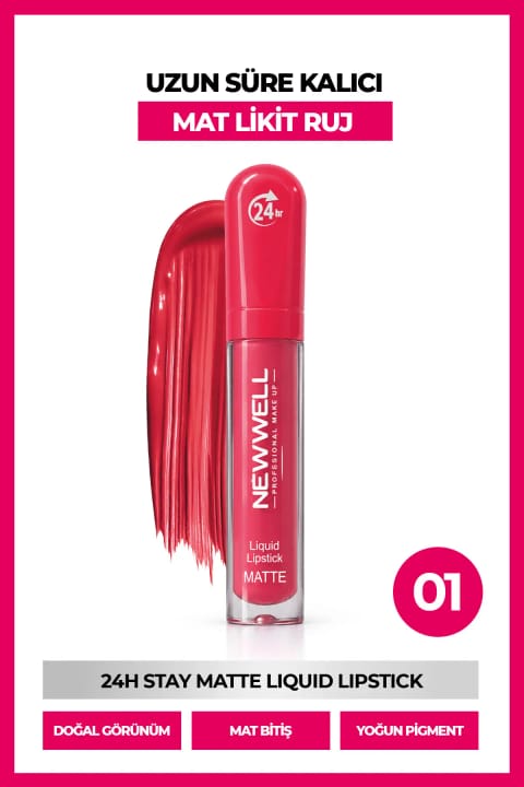 رژ لب مایع مات ماندگار New Well مدل 24H Stay Matte شماره 01 حجم 5.5 میلیلیتر