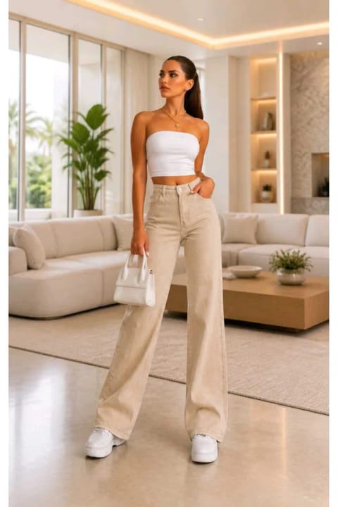 NWC Aşk 90's لیکرا دار زنانه بژ کمر فوقالعاده بالا Wide Leg Palazzo جین پا...