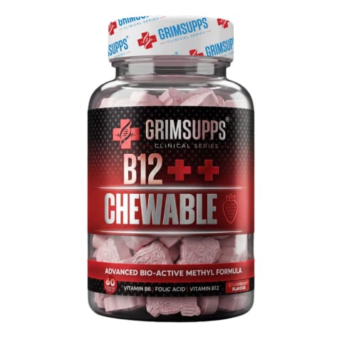 قرص جویدنی B6+B12 با اسید فولیک Grimsupps - ۶۰ عددی طعم توت‌فرنگی