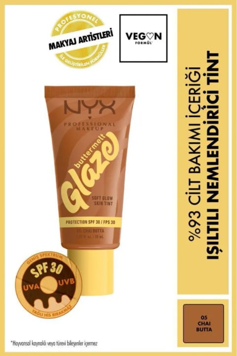 NYX Professional Makeup Buttermelt Glaze درخشنده Skin Tint SPF 30 مرطوبکننده — Hafif Kapatan 05 Chai