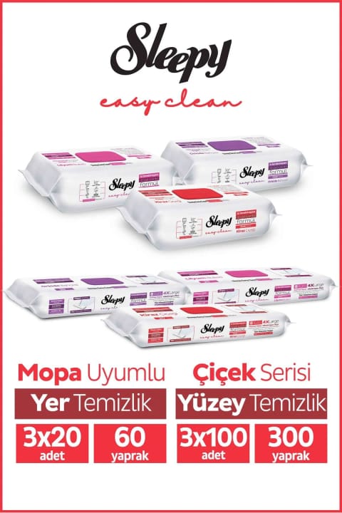 Sleepy Easy Clean گل سری 3X100 سطح و 3X20 زمین دستمال و پاککننده تمیزکننده