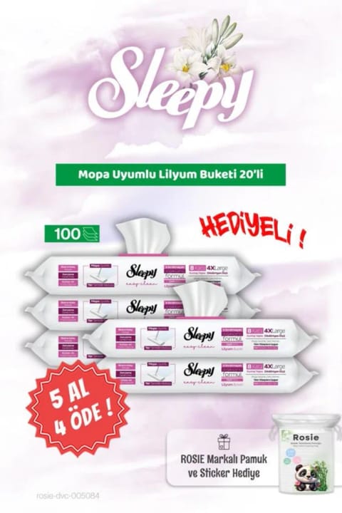 Sleepy دستمال تمیزکنندهٔ سازگار با موپ، رایحهٔ دستهٔ گل لیلیوم، ۲۰ عددی — ۵ بسته، همراه پنبهٔ کودک Rosie
