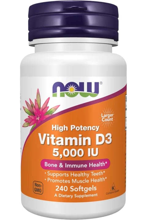 Now Foods Vitamin D-3، دوز بالا، 5000 واحد بینالمللی، 240 کپسول نرم تولید آمریکا