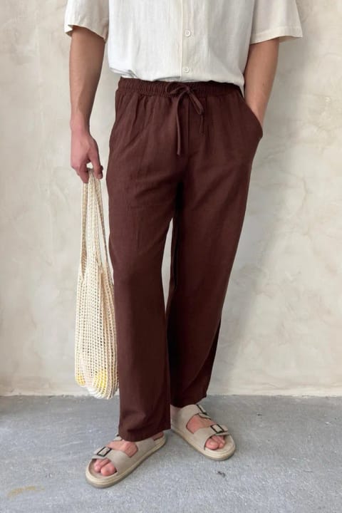 شلوار مردانه کتان Baggy فاق کشی قهوه‌ای