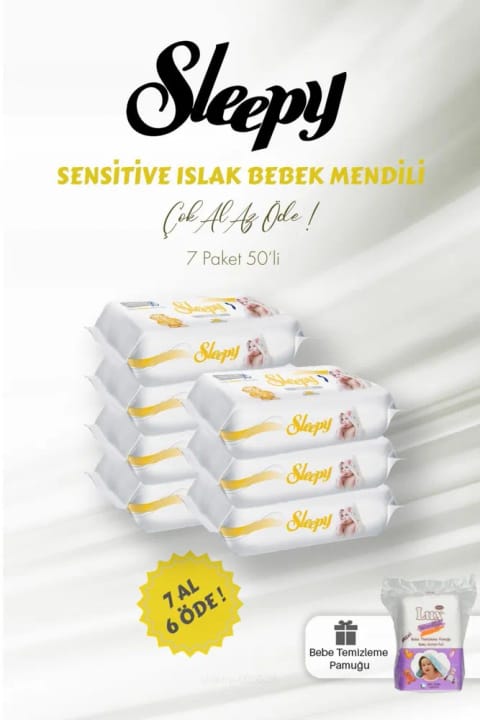 Sleepy Sensitive دستمال مرطوب 50 برگی (بستهٔ ۷ عددی) و پد پنبهای پاککننده نوزاد