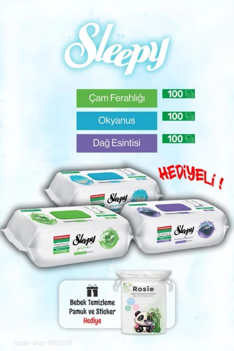 دستمال مرطوب 100 عددی اوشن، کاج و نسیم کوهستان Sleepy + هدیه پنبه ROSIE