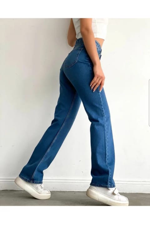 DRC trend شلوار جین پاچه‌گشاد فوق‌العاده بلند کمر بسیار بالا آبی تیره کشسان (Lycra)