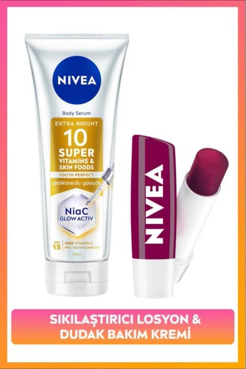 NIVEA SPF15 Super10 روشنکننده و سفتکننده لوسیون بدن ۱۷۰ml و رژ لب