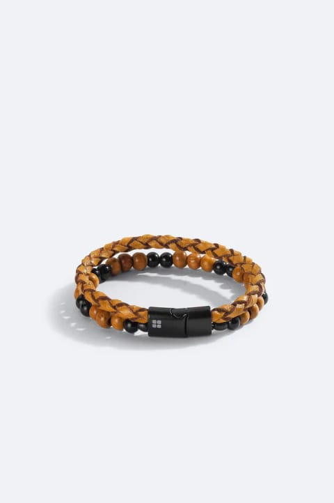 دستبند چرم ۱۰۰٪ قهوه‌ای روشن با سنگ Onyx