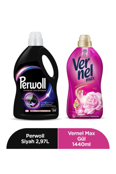 Perwoll مایع لباسشویی مخصوص لباس مشکی ۲.۹۷ لیتر + Max نرم‌کننده گل رز ۱۴۴۰ میلی‌لیتر – ...