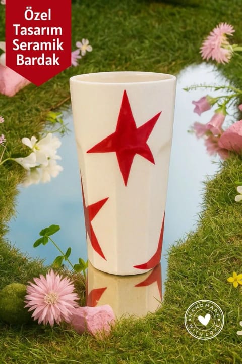 لیوان سرامیکی دست‌ساز طرح ستاره قرمز Mim and More – طراحی اختصاصی