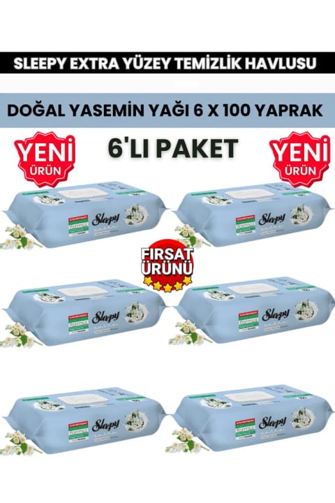 Sleepy دستمال تمیزکننده سطوح Extra با روغن طبیعی یاسمن ۶×۱۰۰ برگ