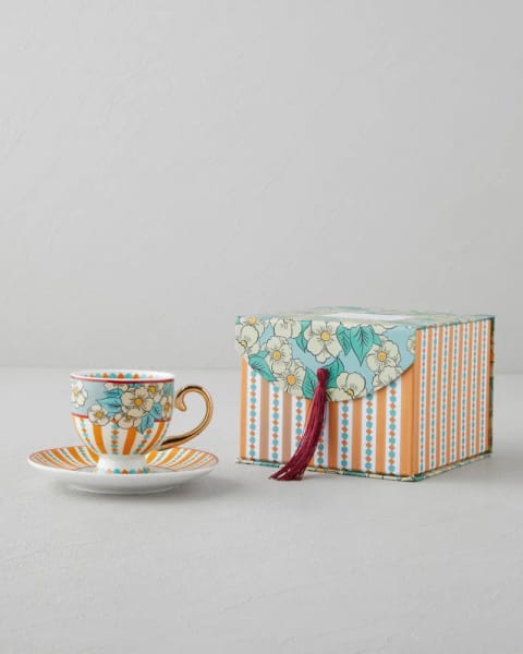 ست فنجان قهوه ۴ پارچه ۲ نفره New Bone China مدل Nostalgic Grace، ۱۰۰ میلی‌لیتر، زرد - آبی