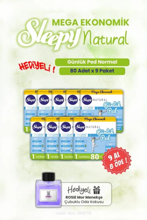 Sleepy Natural پد روزانهٔ نرمال ۸۰ عددی — ۹ بسته، همراه خوشبوکنندهٔ هوای Rosie