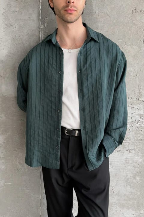 پیراهن مردانه Oversize راه‌راه Modal رنگ سبز نفتی