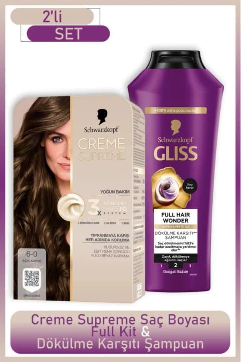 Schwarzkopf Creme Supreme کیت کامل 6-0 قهوهای روشن + Gliss Full Hair Wonder Sa...