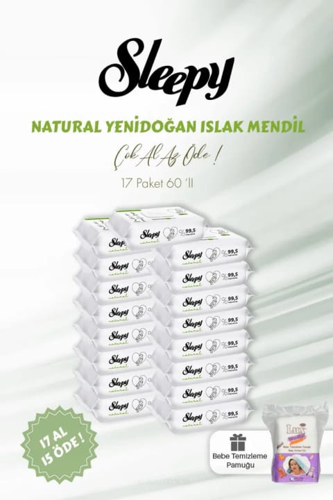 Sleepy Natural دستمال مرطوب نوزاد ۶۰ عددی (۱۷+۱۵ رایگان) و پنبه بچه