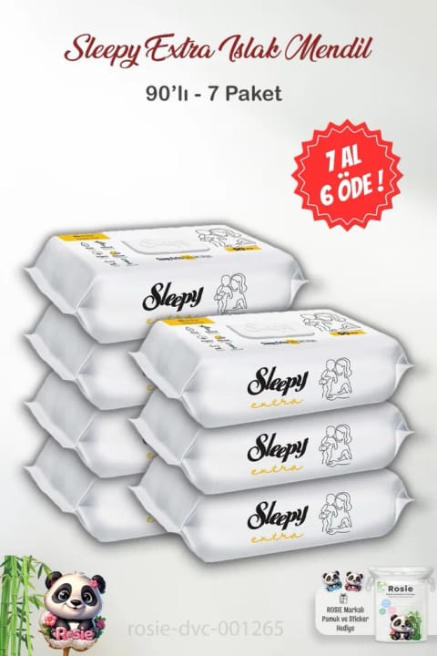 Sleepy Extra دستمال مرطوب کودک ۹۰ عددی — ۷ بسته، همراه هدیهٔ Rosie