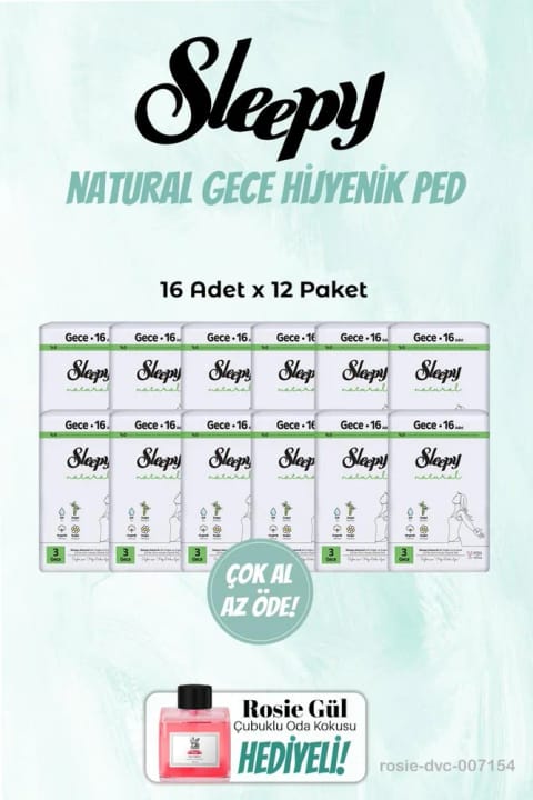 پد بهداشتی Sleepy Gece Natural ۱۶ عددی، بسته ۱۲ عددی، همراه با خوشبوکننده اتاق Rosie