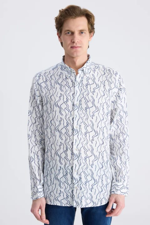 D'S Damat Ds Damat Comfort طرح‌دار سفید %100 کتان پیراهن
