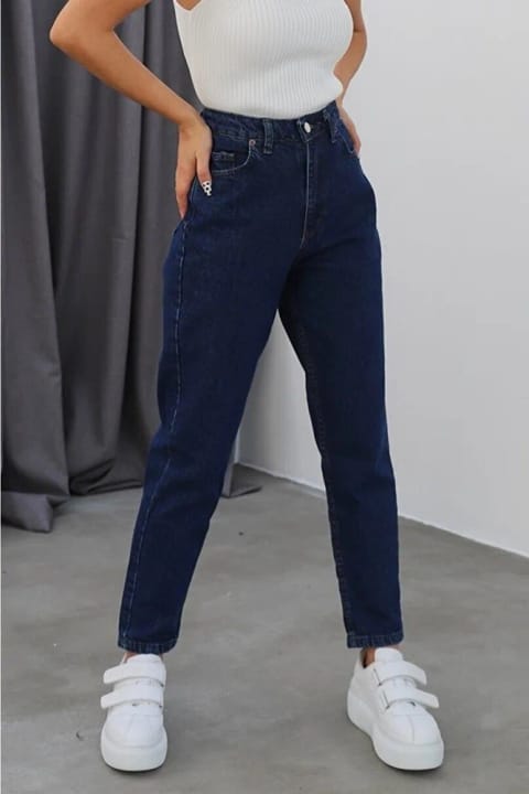Ramrod Jeans شلوار جین مام زنانه کمر بلند رنگ آبی تیره ضد پژمردگی Ess Gold