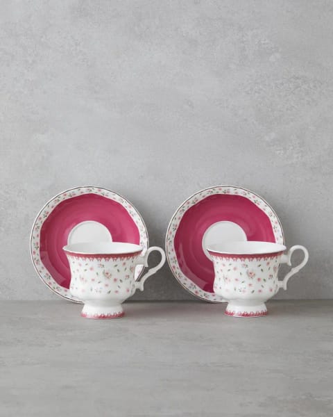 ست فنجان چای ۴ پارچه ۲ نفره Florana New Bone China ۲۲۰ میلی‌لیتر صورتی تیره