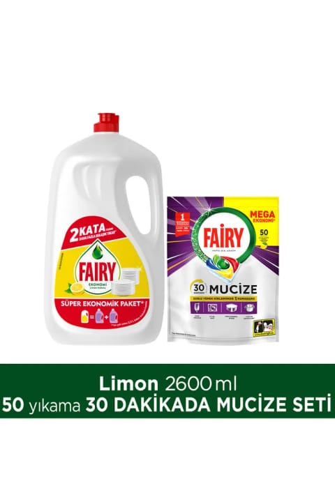 Fairy Mucize ماشین ظرفشویی کپسول ۵۰ عددی + مایع ظرفشویی ۲۶۰۰ میلیلیتر