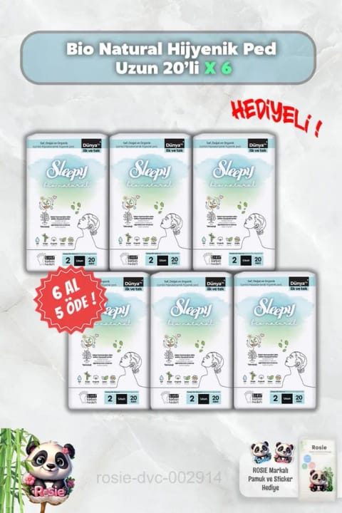 Sleepy Bio Natural نوار بهداشتی بلند ۲۰ عددی — ۶ بسته، همراه هدیهٔ Rosie