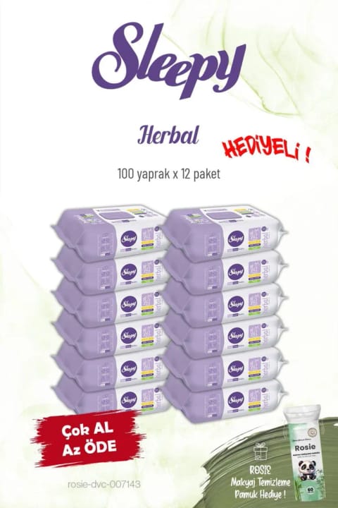 Sleepy Herbal 12 بسته دستمال مرطوب شخصی 100 عددی و Rosie